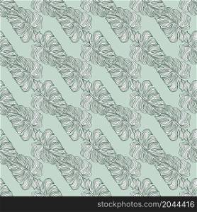 Linear monstera outline seamless pattern on green background. Geometric tropical leaves backdrop. Abstract tropic botanical wallpaper. Design for fabric, textile, wrapping. Vector illustration. Linear monstera outline seamless pattern on green background. Geometric tropical leaves backdrop. Abstract tropic botanical