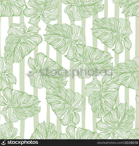 Linear monstera outline seamless pattern on stripe background. Tropical leaves backdrop. Abstract tropical botanical wallpaper. Design for fabric , textile, surface, wrapping. Vector illustration. Linear monstera outline seamless pattern on stripe background. Tropical leaves backdrop.