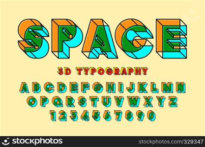 Linear original 3d display font, alphabet, letters and numbers. Swatch color control. Linear original 3d display font, alphabet, letters and numbers
