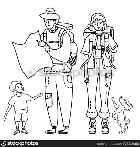 Linear outline drawing doodles tourist family. A girl in pants with pockets and with a backpack behind her back to travel. A man in a hat holds a card in his hands, a child stands nearby and a dog