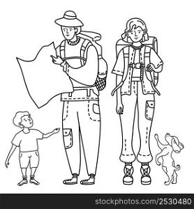Linear outline drawing doodles tourist family. A girl in pants with pockets and with a backpack behind her back to travel. A man in a hat holds a card in his hands, a child stands nearby and a dog