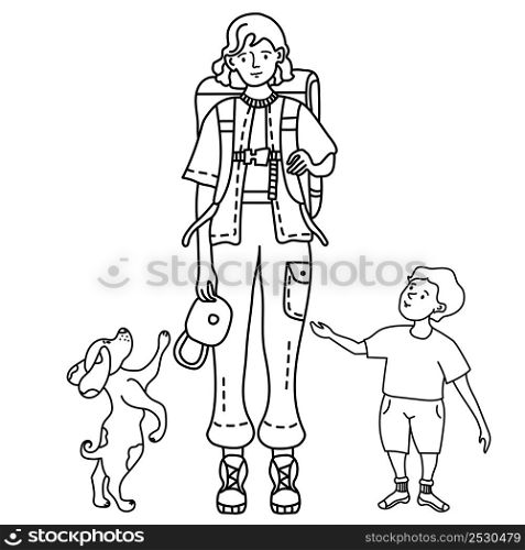 Linear outline drawing family. Girl, mom in trousers with pockets and with backpack behind her back for travel and road in hands of cap. Standing next to child and dog jumping