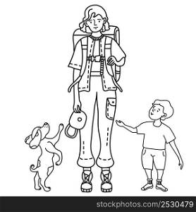 Linear outline drawing family. Girl, mom in trousers with pockets and with backpack behind her back for travel and road in hands of cap. Standing next to child and dog jumping