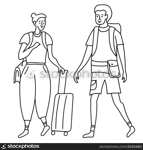 Linear outline drawing girl and guy tourists. She has bag on her shoulder and suitcase on wheels. He is with backpack behind his back and belt with a bag. Doodle set.