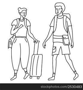 Linear outline drawing girl and guy tourists. She has bag on her shoulder and suitcase on wheels. He is with backpack behind his back and belt with a bag. Doodle set.