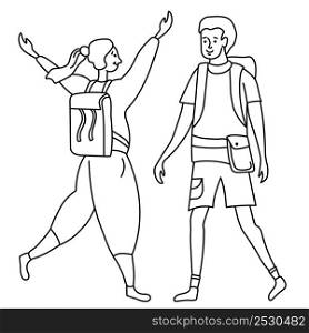 Linear outline drawing girl and guy tourists. She rejoices at meeting, raised her hands and small backpack on her back. He is with a backpack behind and bag. Doodle set.