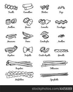 Linear pictures of classical italian food. Different types of pasta. Food italian assortment, farfalle and cannelloni, stortini and anellini spaghetti icons, vector illustration. Linear pictures of classical italian food. Different types of pasta