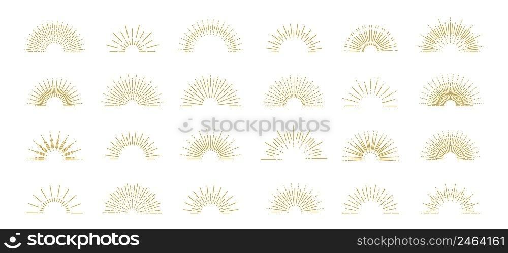 Linear rising sun. Outline boho sunset logo decorative element, abstract minimalistic sun symbol. Vector isolated set. Magic horizon with summer morning or evening sunlight icons collection. Linear rising sun. Outline boho sunset logo decorative element, abstract minimalistic sun symbol. Vector isolated set