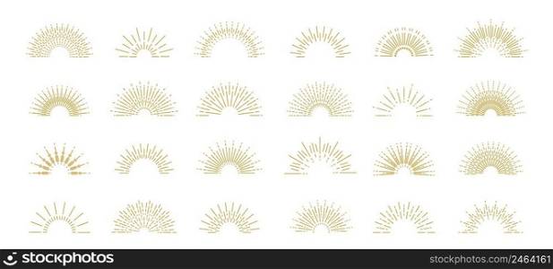 Linear rising sun. Outline boho sunset logo decorative element, abstract minimalistic sun symbol. Vector isolated set. Magic horizon with summer morning or evening sunlight icons collection. Linear rising sun. Outline boho sunset logo decorative element, abstract minimalistic sun symbol. Vector isolated set