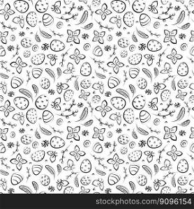 Linear seamless background of Easter eggs and flowers and pussy willow. Linear pattern of Easter eggs and flowers and pussy willow