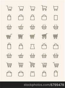 Linear shopping basket icons. Vector linear shopping basket or line store bag icons for shop and grocery web UI