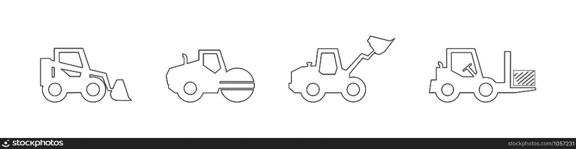 Linear silhouette of construction machinery. Icon set, flat design.