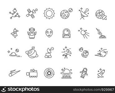 Linear space icons. Telescope shuttle astronauts at moon and various planets satellites. Vector mono line space pictures. Illustration of universe shuttle, ufo technology, star and asteroid line. Linear space icons. Telescope shuttle astronauts at moon and various planets satellites. Vector mono line space pictures