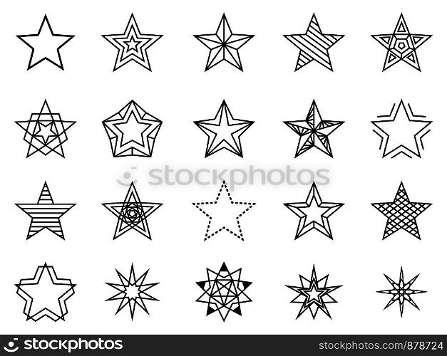 Linear stars vector set. Bethlehem and favorite sign, line shining and brightness star set. Linear stars vector set
