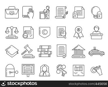 Linear symbols of lawyer, criminals and copyright protection. Jurisprudence legal, tribunal and judgment line style. Vector illustration. Linear symbols of lawyer, criminals and copyright protection