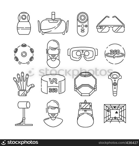 Linear symbols of technology. Virtual reality and vr glasses. 3d rotation. Vr game in glasses, vector illustration. Linear symbols of technology. Virtual reality and vr glasses. 3d rotation