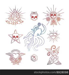 Linear tattoos with skull elements vector image