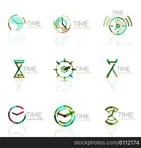 Linear time and clock abstract logo set, connected multicolored segments of lines. Vector minimal wire business icons isolated on white. Flat design