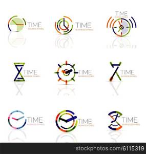 Linear time and clock abstract logo set, connected multicolored segments of lines. Vector minimal wire business icons isolated on white. Flat design