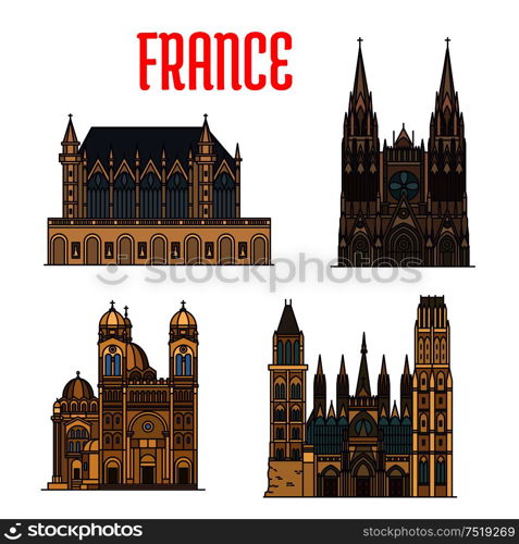 Linear travel landmarks of France icon with royal chapel Sainte-Chapelle, gothic Rouen Cathedral, Bourges Cathedral, Cathedral of Saint Mary Major. Travel design. French travel landmark icon with gothic cathedrals