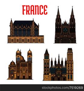 Linear travel landmarks of France icon with royal chapel Sainte-Chapelle, gothic Rouen Cathedral, Bourges Cathedral, Cathedral of Saint Mary Major. Travel design. French travel landmark icon with gothic cathedrals