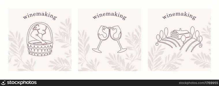 Lineart design label for winemaking. Modern minimalistic style. Contemporary outline art. Vector templates . Lineart design label for winemaking. Modern minimalistic style. Contemporary outline art. Vector