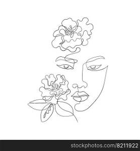 Lineart female face. Asian women drawn in one line, camellia flowers boho style for business, invitations, price lists and cards