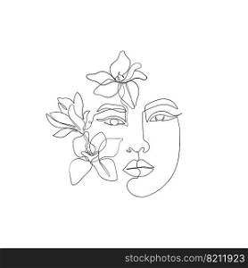 Lineart female face. Asian women drawn in one line, magnolia flowers boho style for business, invitations, price lists and cards