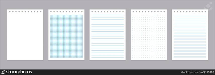 Lined note pages. Realistic notebook and diary page with lines, grids an dots texture, school homework blank paper sheet. Vector set isolated image booklet paper page. Lined note pages. Realistic notebook sketchbook and diary page with lines, grids an dots texture, school homework blank paper sheet. Vector set