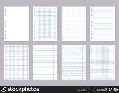 Lined paper sheet. Realistic empty school notebook page with lines grids and dots texture for homework, blank and diary page. Vector set isolated sheets papers for school. Lined paper sheet. Realistic empty school notebook page with lines grids and dots texture for homework, blank sketchbook and diary page. Vector set