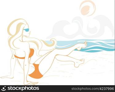 Linedrawing of young smiling woman in swimming suit and sun glass seets on the beach. With a fluttering gorgeous hair.