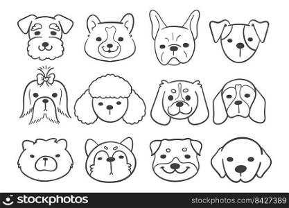 Lines of the faces of various breeds of dogs decorate coloring book for kids