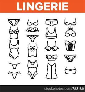 Lingerie Accessories Items Linear Vector Icons Set. Woman Lingerie, Underwear Symbols Pack. Female Bra, Panty, Corset Pictogram Collection. Isolated Linen Signs. Fashion Clothes Outline Illustration. Lingerie Accessories Items Linear Vector Icons Set