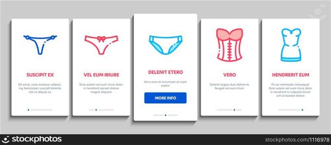 Lingerie Bras Panties Onboarding Mobile App Page Screen. Fashion Bra And Pants, Bikini And Swimsuit, Lingerie Underwear Concept Illustrations. Lingerie Bras Panties Onboarding Elements Icons Set Vector