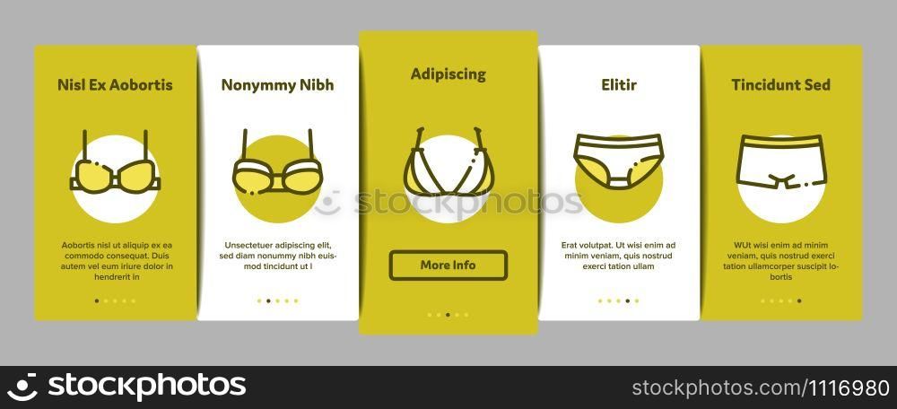 Lingerie Bras Panties Onboarding Mobile App Page Screen. Fashion Bra And Pants, Bikini And Swimsuit, Lingerie Underwear Concept Illustrations. Lingerie Bras Panties Onboarding Elements Icons Set Vector