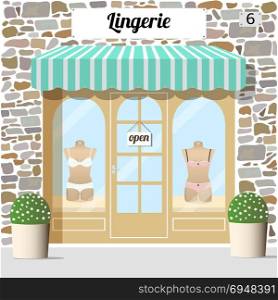 Lingerie shop building facade of stone. Lingerie shop building facade of stone. Mannequins in blue and pink underwear cloth in the display window. Vector Illustration.