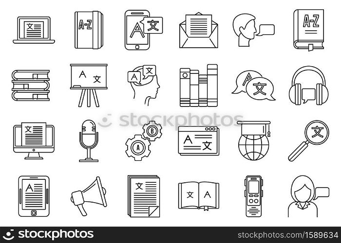 Linguist speak icons set. Outline set of linguist speak vector icons for web design isolated on white background. Linguist speak icons set, outline style