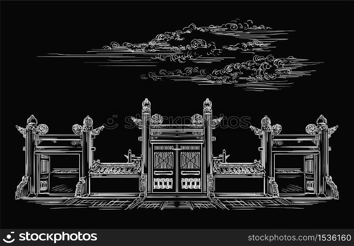 Lingxing Gates in front of the Temple of Heaven in Beijing, landmark of China. Hand drawn vector sketch illustration in white color isolated on black background. China travel Concept.