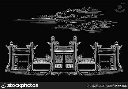 Lingxing Gates in front of the Temple of Heaven in Beijing, landmark of China. Hand drawn vector sketch illustration in white color isolated on black background. China travel Concept.