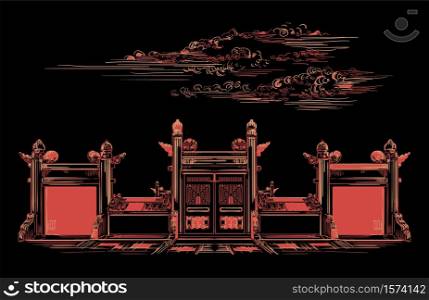 Lingxing Gates in front of the Temple of Heaven in Beijing, landmark of China. Hand drawn vector sketch illustration in monochrome colors isolated on black background. China travel Concept.. Red China hand drawing landmark 6