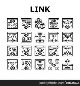 Link Building And Optimization Icons Set Vector. Website Link Analytics And E-commerce, With Proper Anchor Text And Social Sharing Line. 404 Error And Guest Post Service Black Contour Illustrations. Link Building And Optimization Icons Set Vector