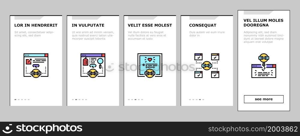 Link Building And Optimization Onboarding Mobile App Page Screen Vector. Website Link Analytics And E-commerce, With Proper Anchor Text And Social Sharing. 404 Error Guest Post Service Illustrations. Link Building And Optimization Onboarding Icons Set Vector