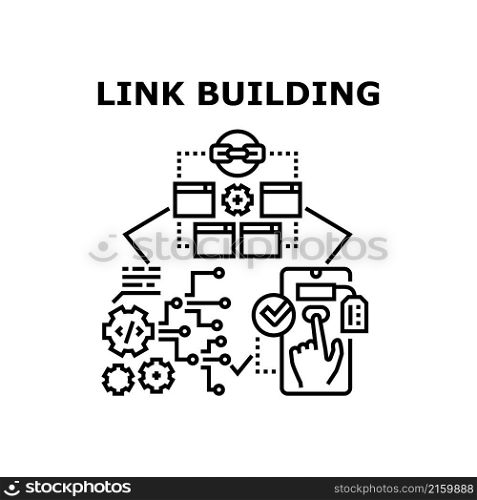 Link building seo website. digital marketing. backlink strategy. search page. inbound media communication vector concept black illustration. Link building icon vector illustration