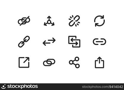 Link icon set. Share concept. Hyperlink, upload signs. Broken connection. Redirecting symbol. Vector illustration. 