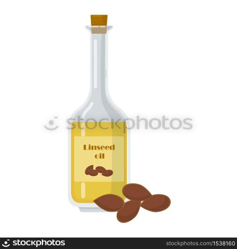Linseed oil in glass bottle on white background. Product for healthy diet and cosmetic products. Seasoning for food vector illustration.