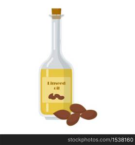 Linseed oil in glass bottle on white background. Product for healthy diet and cosmetic products. Seasoning for food vector illustration.