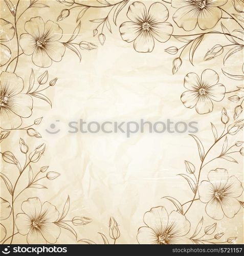 Linum flower frame over old paper. Vector illustration.