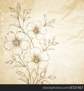 Linum flower over old paper. Vector illustration.