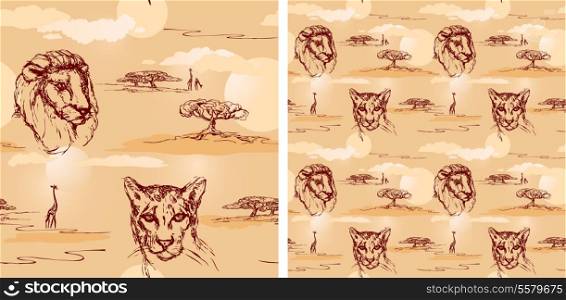 Lion and cheetah heads. Seamless pattern.