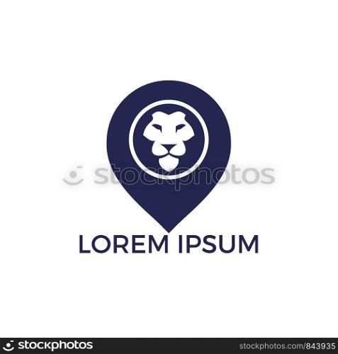 Lion and map pointer logo design. Lion locator logo design. Animal place icon.